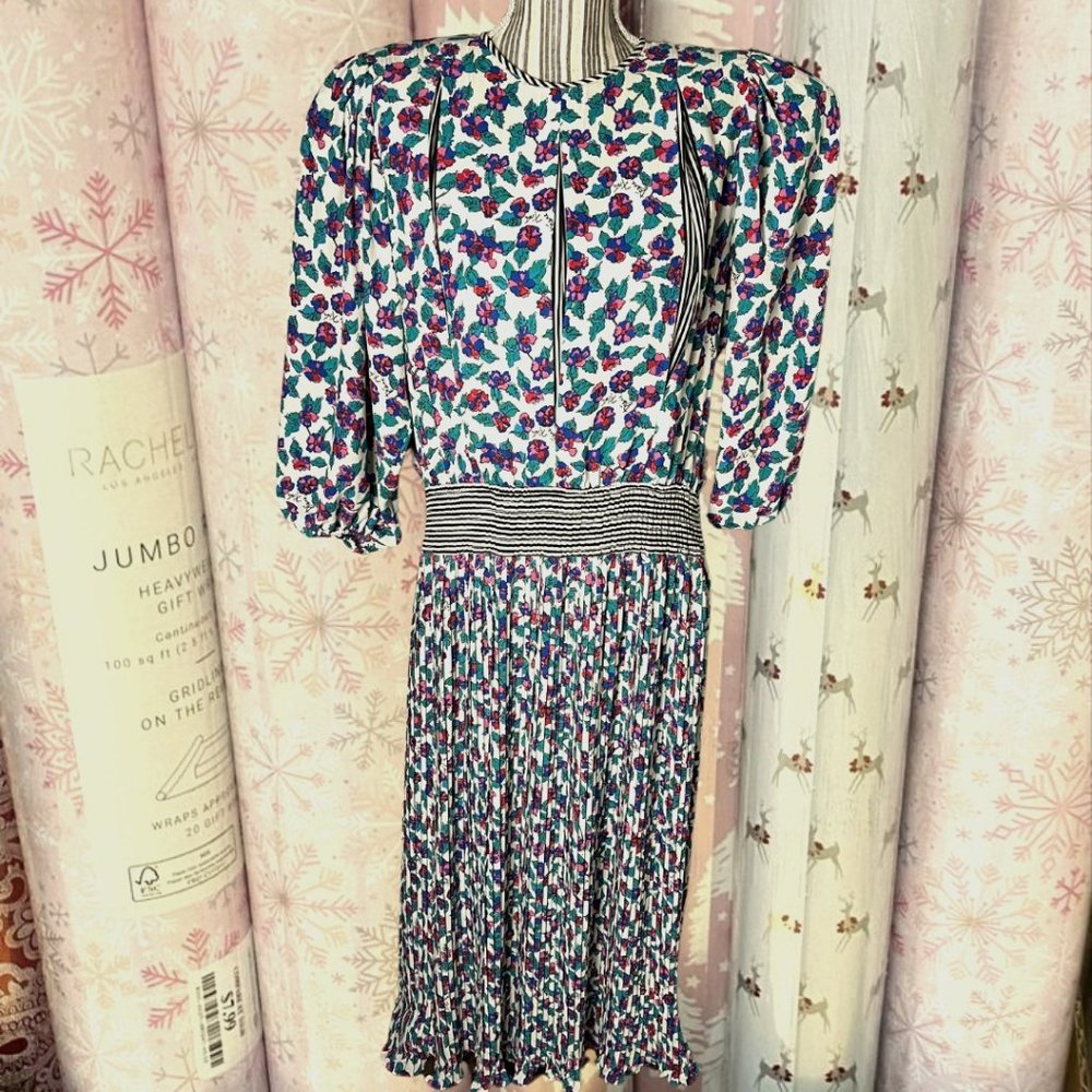 NWOT 1980s Diane Freis Designer Multicolor Floral Striped Puffed Sleeve Shoulder